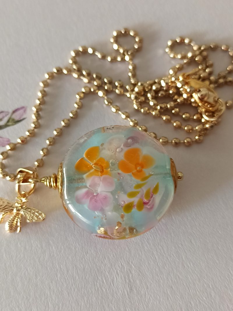 Perle pendentif forme "lentille", verre filé au chalumeau **P259**
