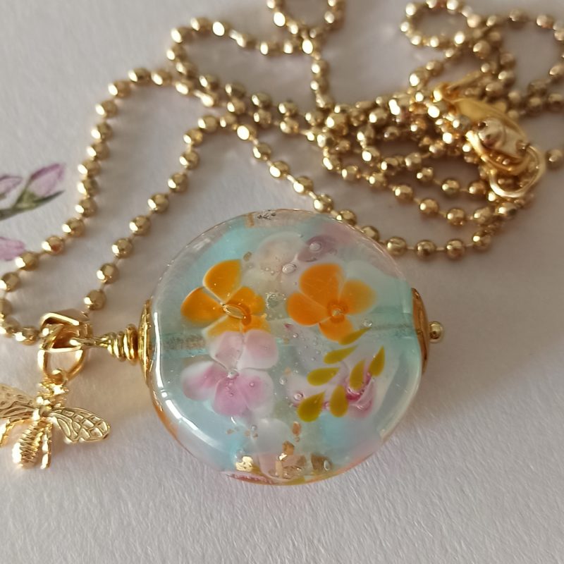 Perle pendentif forme "lentille", verre filé au chalumeau **P259**