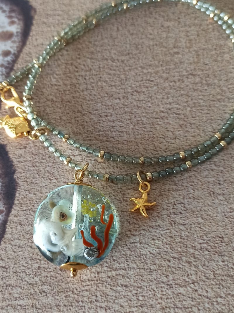 Pendentif perle de verre filé - décors aquatiques et tortue **P266** – Image 5